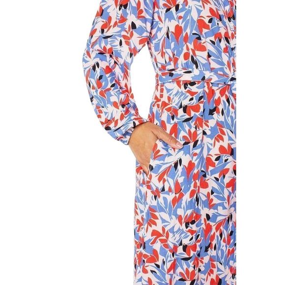 Well Worn Women's White, Blue, Red & Black Viscose Button Down Long Sleeve Dress - Picture 2 of 16